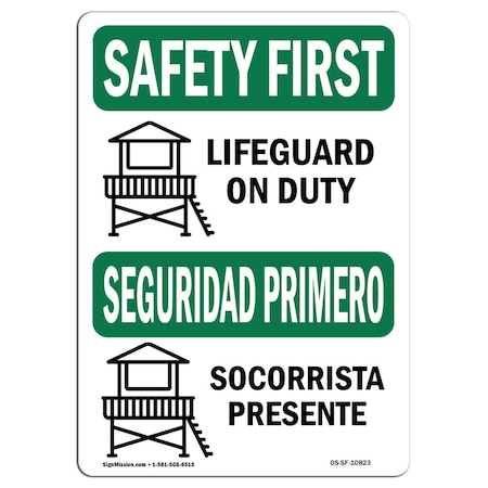 Signmission OSHA Sign, Lifeguard On Duty Bilingual, 18in X 12in Rigid Plastic, 12" W, 18" L, Landscape OS-SF-P-1218-L-10823